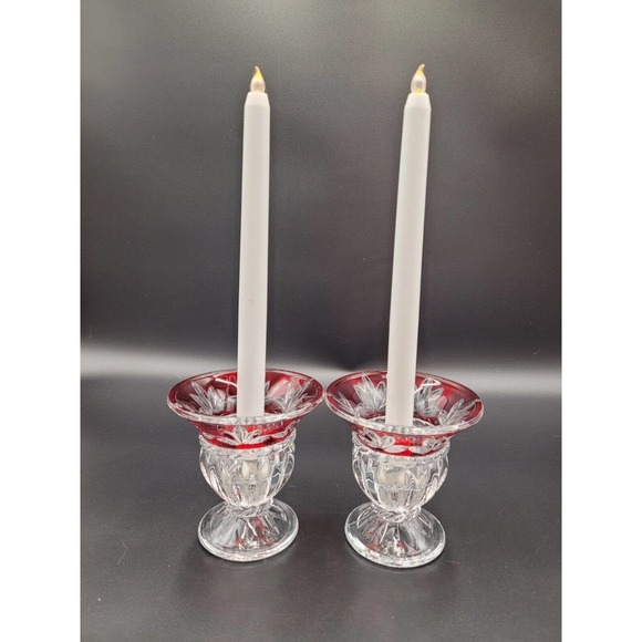 Cristal D'arques France Cut To Clear Candlesticks Ruby Red Crystal 2 Set - Picture 2 of 10